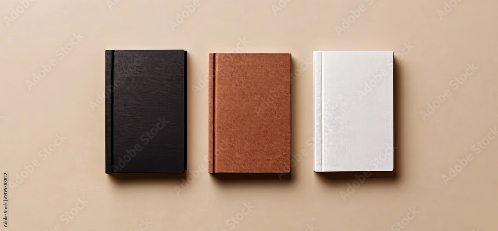 Fototapeta premium Three blank books of different colors, laid out on a beige surface