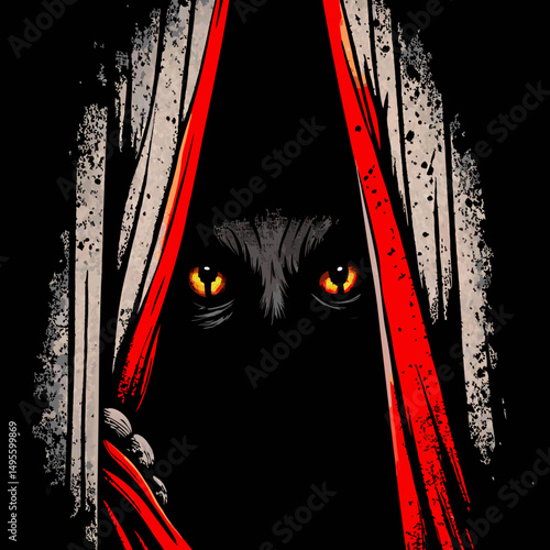 Glowing eyes peering from behind crimson curtains