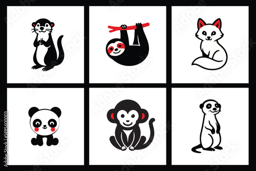 Infant Visual Stimulation Patterns, Black and white flash card with high contrast for baby vector, animals	