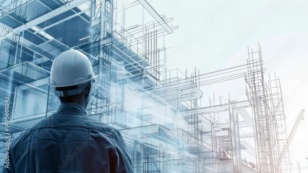 Construction site with a helmeted engineer on blueprints background, suitable for construction company presentations, architectural projects and construction training videos.
