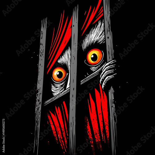Captive lemur with glowing eyes behind prison bars