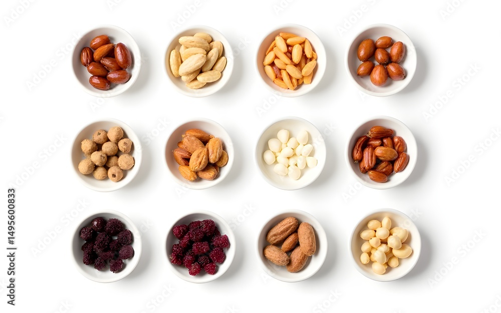 clean flat lay of nuts and dried fruits in white bowls, isolated on white. High quality clean flat lay of nuts and dried fruits in white bowls, isolated on white. High quality