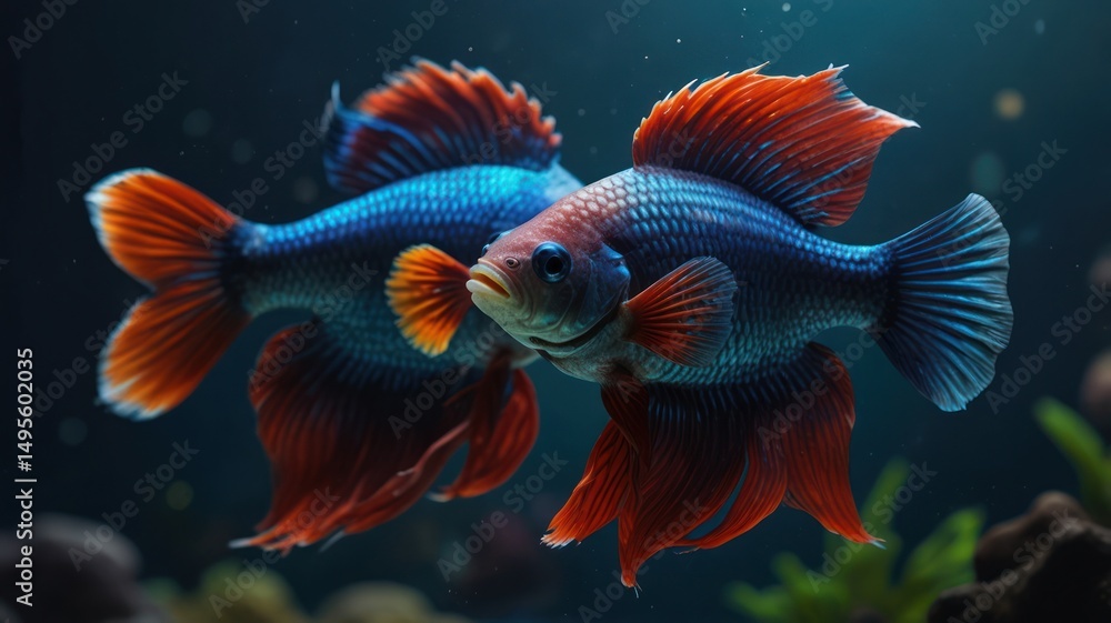 Fototapeta premium Two vividly colored fish with elaborate fins in a dark aquarium