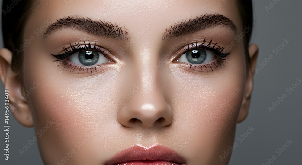 Naklejka premium Stunning Close-up Portrait of a Woman with Flawless Makeup, Featuring Defined Eyebrows, Smoky Eyes, and a Natural Lip Look. Perfect for Beauty Blogs, Makeup Tutorials, and Cosmetic Advertising.