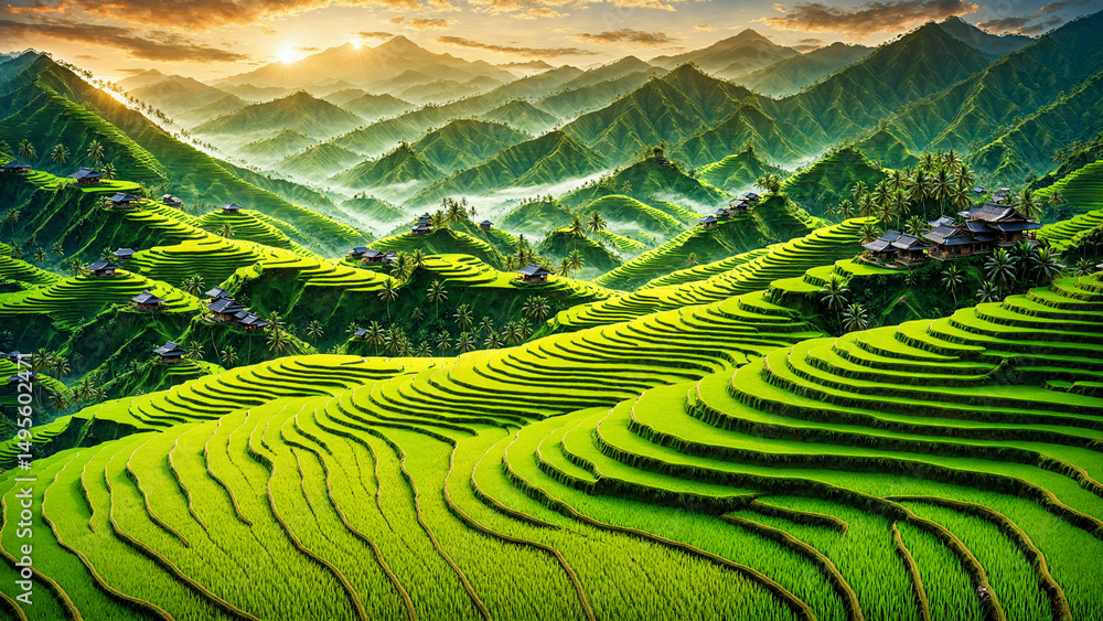 Fototapeta premium Vibrant Green Rice Terraces with Mountainous Sunset