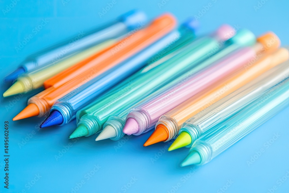 Close-up of colorful crayons in translucent tubes, set on a vibrant blue surface
