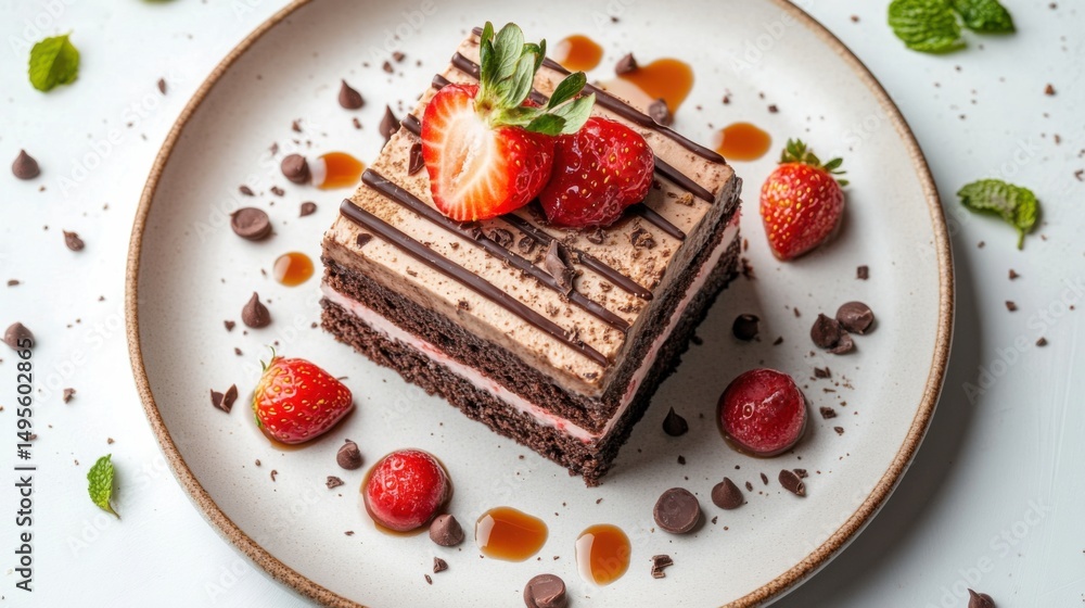 Flat lay chocolate cake with strawberry vanilla ice cream and caramel sauce on white background Flat lay chocolate cake with strawberry vanilla ice cream and caramel sauce on white background