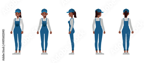 Female handyman front, side and back view wear blue repairman apron character vector illustration design set. Presentation in various action.