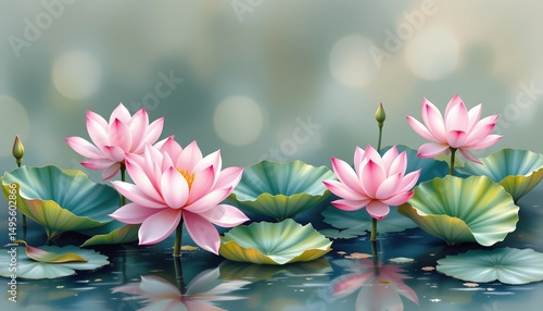 a serene watercolor panorama of lotus blossoms, in a flowing watercolor style, with pale pink and jade tones, on textured paper, sweeping strokes, soft gradients, tranquil essence