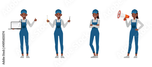 Female handyman wear blue repairman apron character vector illustration design set. Women holding wrench and screwdriver.