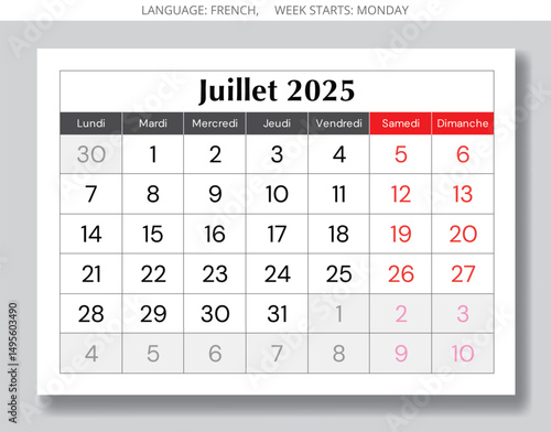 French calendar for june 2025. Vector illustration of summer month page for France - juillet