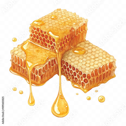 realistic sweet Honeycombs with honey drops isolated on transparent background