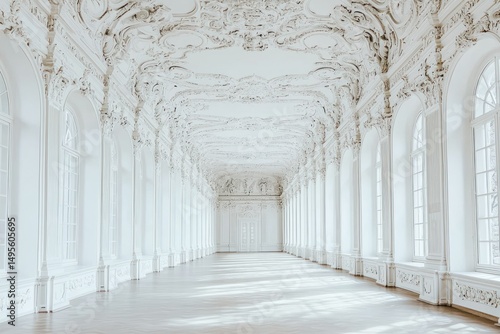 Ornate white hall with windows & sculpted ceiling details