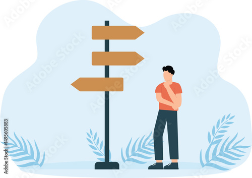 Decision making and choose career path, work direction or right way to success,businessmen looking at road sign with question marks and  confusing businessman for his future.
