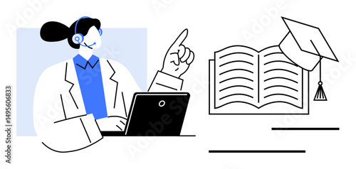Woman with headset using a laptop, gesturing while teaching. Open book and graduation cap symbolize education. Ideal for e-learning, knowledge sharing, distance education, tutoring, self-study