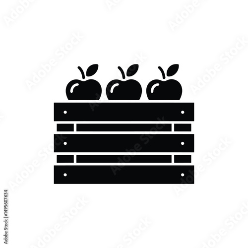 Black Silhouette of Apples in a Crate, Simple Icon Isolated on White