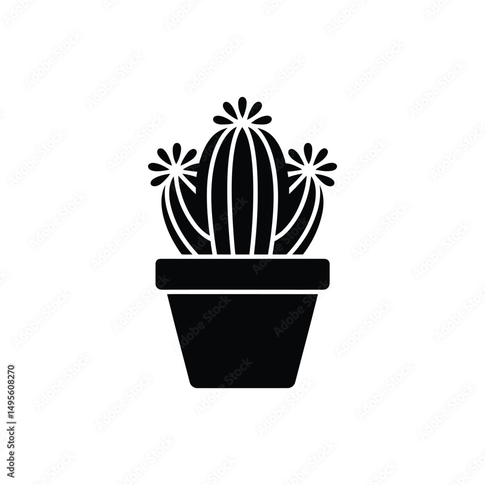Obraz premium Black Silhouette of Blooming Cactus in Pot, Illustration for Prints and Design