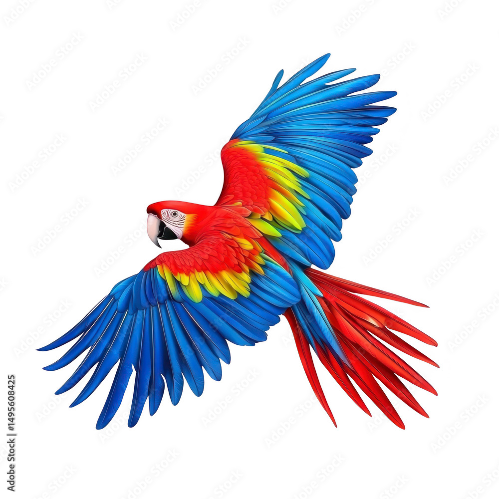 Obraz premium Vibrant scarlet macaw with striking red, blue, and yellow feathers is captured mid flight, showcasing its colorful plumage and graceful wingspan