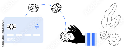 Credit card, hand holding coin, flying coins, and gears symbolize financial transactions, money transfer, and fintech. Ideal for finance, banking, e-commerce payment systems savings technology