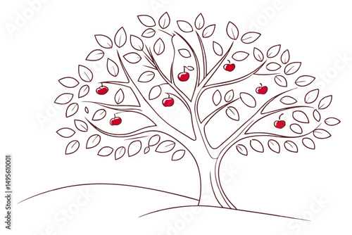 Apple tree continuous line art with fruit concept