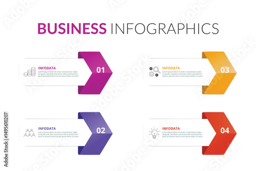 4 points template infographic outline style with 4 point step template with sharp rectangle shape with vertical badge on arrow for slide presentation