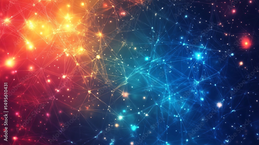 Obraz premium Vibrant Geometric Shapes and Network Grid on Colorful Background Artwork Display