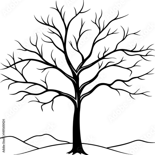 Dead tree with bare branches in winter line art