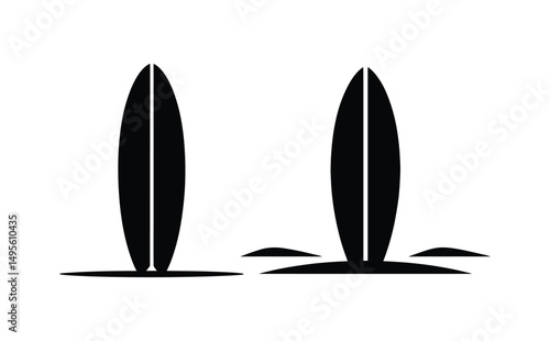 Black Silhouette of Two Surfboards Standing on Land, Minimalist Illustration