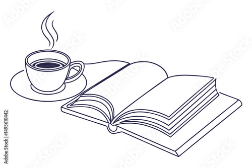 Simple continuous line art of coffee with a book