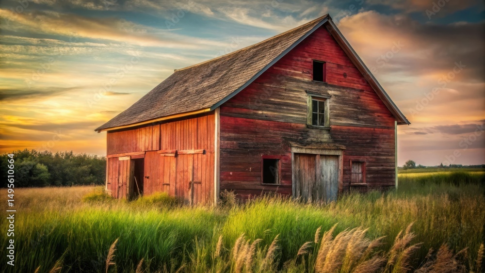 Rustic Red Barn at Sunset A picturesque scene of a weathered wooden barn standing proudly in a tall grass field, bathed in the warm golden light of a vibrant sunset. Rustic Red Barn at Sunset A picturesque scene of a weathered wooden barn standing proudly in a tall grass field, bathed in the warm golden light of a vibrant sunset.