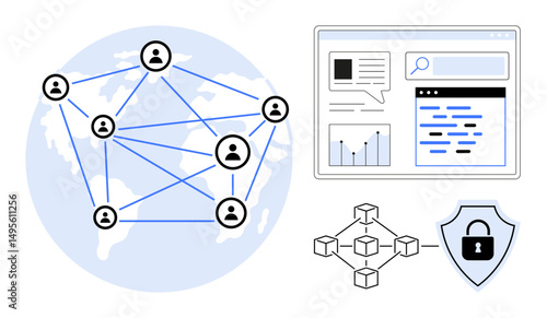People connected across a digital global network, blockchain structure, secure data, and analytics. Ideal for technology, security, connectivity, blockchain, teamwork networking simple landing page