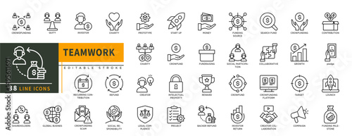 Minimalist Crowdfunding line icons set with editable stroke, featuring equity, investor, charity, refund, creator, social responsibility, legal complience, money, reward. thin linear illustration.