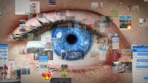 Animated Background with Virtual Social Media Reality Interconnected by Internet Into Worldwide Web. Eye Background. Internet of Things. Videos, Avatars, Emoji, Profiles. Metaverse.