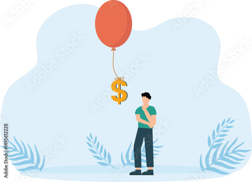 Inflation causing price rising and overvalued stock or funds, consumer purchasing power reducing concept,product price tag flying high rising up in the sky.

