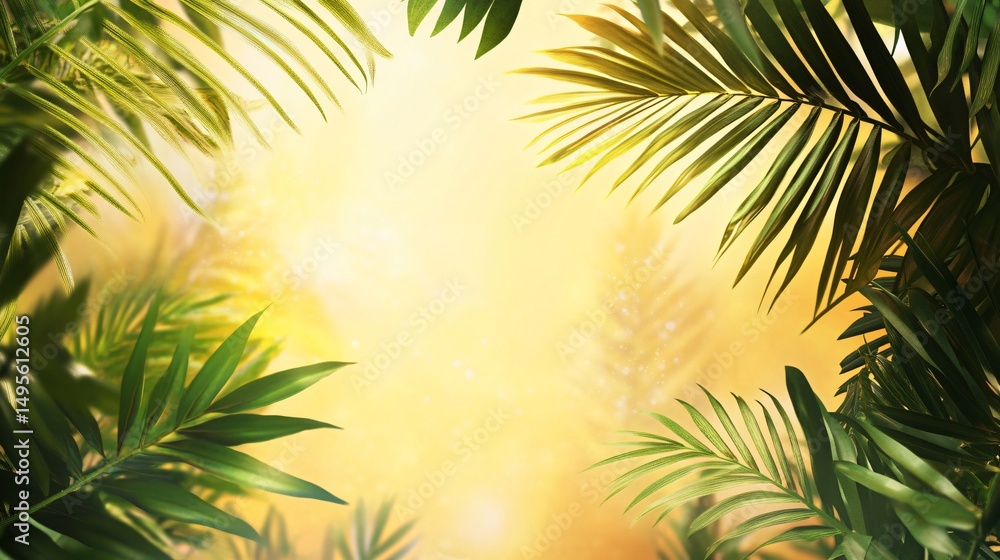 Fototapeta premium Serene Tropical Scene Palm Tree with Sunlight on Sky providing Copy Space