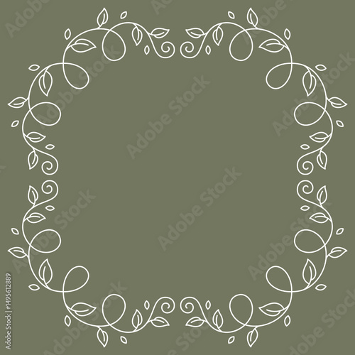 Floral curling frame. Decorative nature swirling background with leaves.