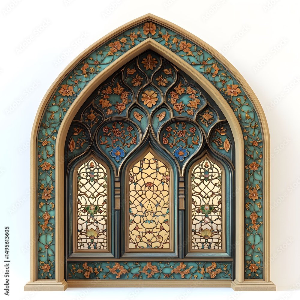 Detailed ornate arched window design, featuring intricate floral and geometric patterns, with stained glass sections. Detailed ornate arched window design, featuring intricate floral and geometric patterns, with stained glass sections.
