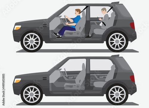 suv car cutaway side open view  with driver and passenger and empty inside