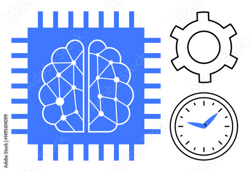 Neural-network brain within microchip, gear symbolizing automation, clock for time efficiency. Ideal for AI, tech innovation, machine learning, automation, productivity, time management simple