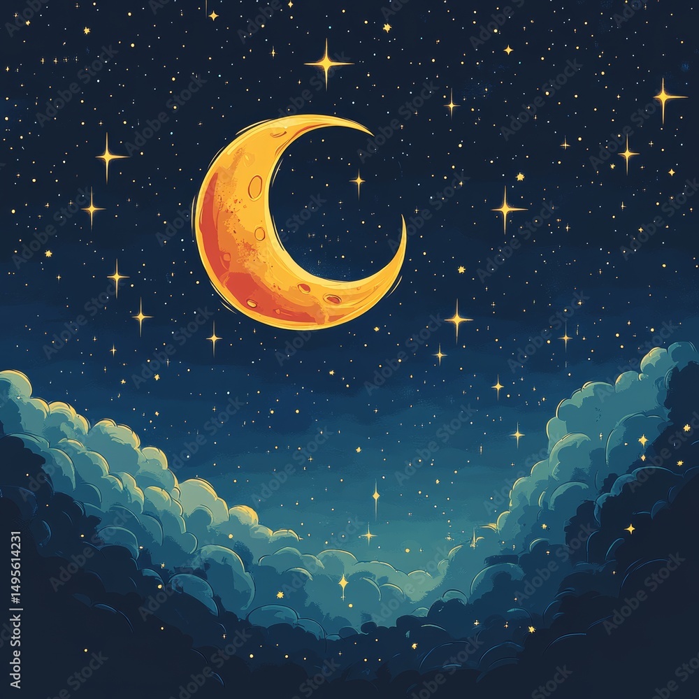 Naklejka premium Night sky crescent moon cloudscape, starry background; design