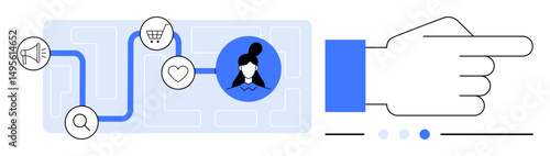 Path connects megaphone, magnifying glass, cart, heart icons to user avatar. Hand points to navigation. Ideal for marketing, user behavior, conversion, e-commerce customer experience simple landing