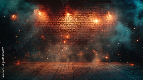 Mysterious Dark Basement with Old Brick Wall and Sparks of Fire Illumination