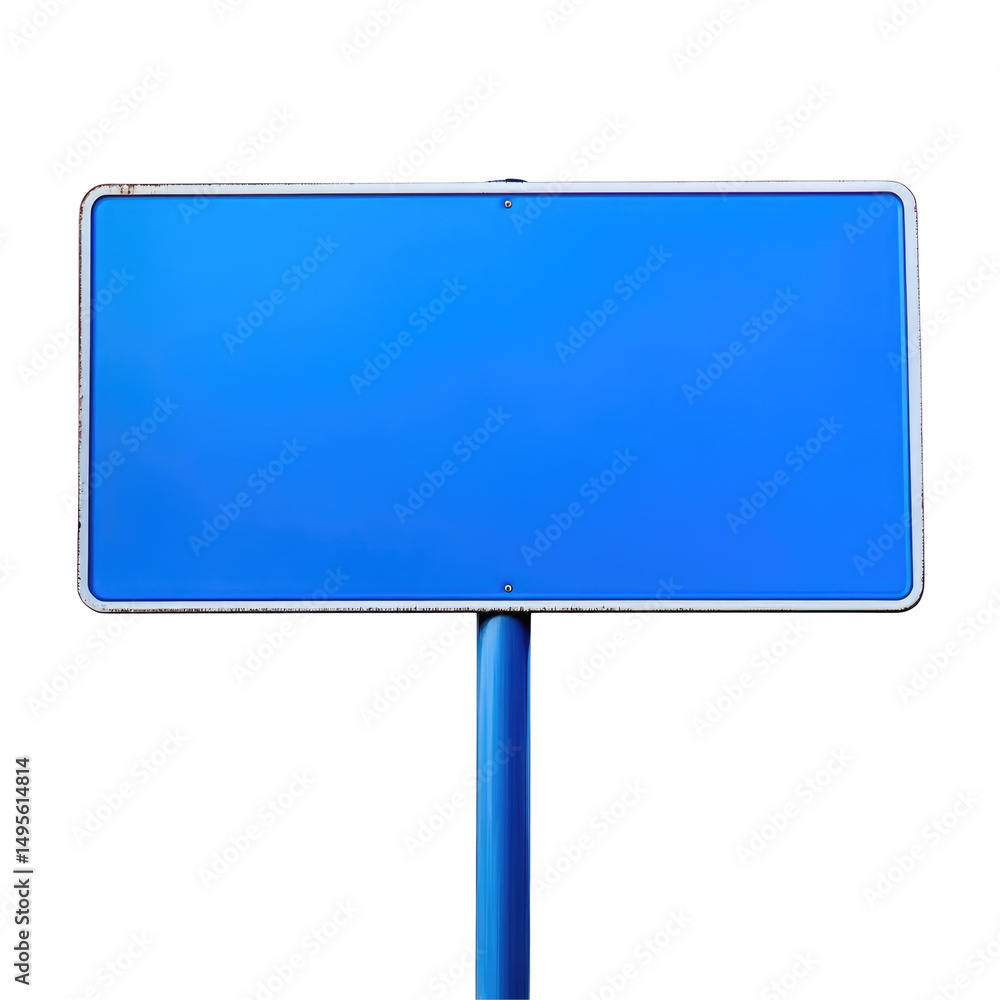 A blank blue road sign with a silver border mounted on a blue pole against a black background in isolation A blank blue road sign with a silver border mounted on a blue pole against a black background in isolation
