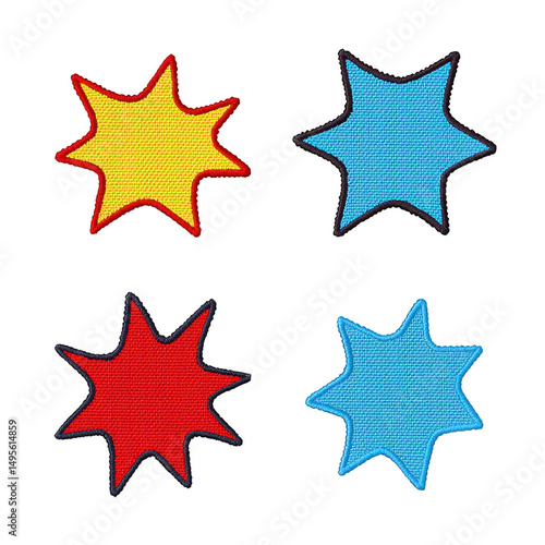 Four colorful star shaped patches with textured fabric design, featuring yellow, blue, and red colors, each outlined in black, arranged in grid pattern
