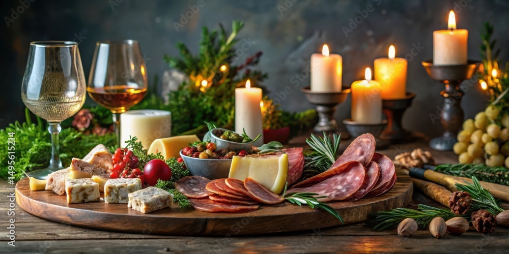 A Festive Table Setting Featuring an Array of Gourmet Cheeses, Cured Meats, and Accoutrements, Enhanced by the Warm Glow of Candles and Fresh Herbs A Festive Table Setting Featuring an Array of Gourmet Cheeses, Cured Meats, and Accoutrements, Enhanced by the Warm Glow of Candles and Fresh Herbs