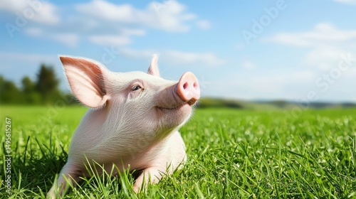 Young Pot Belly Pig in a grassy field, gazing to the right with distant, out-of-focus trees and a bright blue sky.