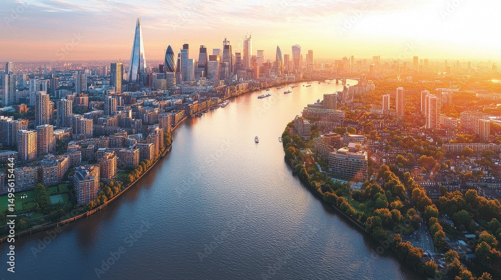 Fototapeta premium Panoramic view of London city skyline at sunrise over the river.