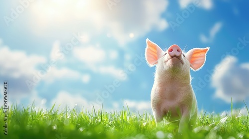 Young Pot Belly Pig in a grassy field, standing tall and looking right, with the sky and trees blurred in the background.