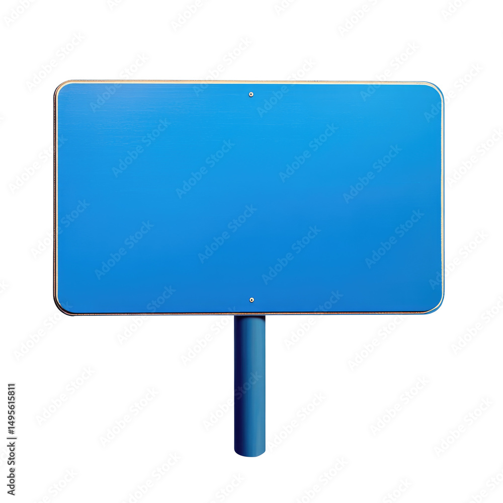 A blue sign with a metal frame and a blue pole against a black background in a studio setting view A blue sign with a metal frame and a blue pole against a black background in a studio setting view