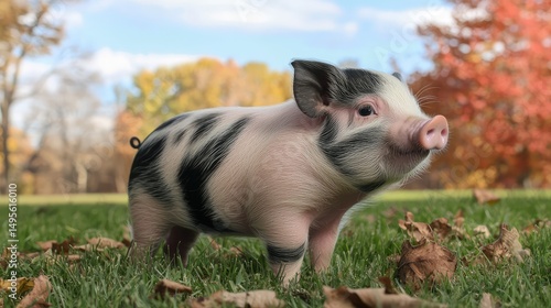 Young Pot Belly Pig standing in green grass, looking to the right with trees and a beautiful blue sky out of focus in the background.